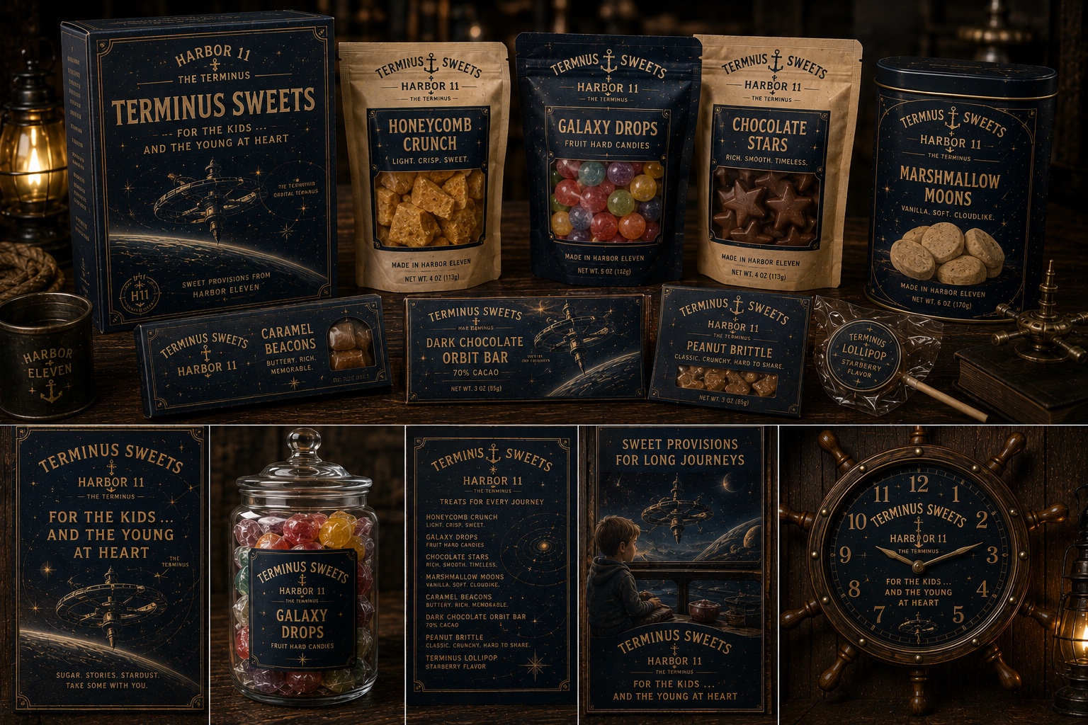 Terminus Sweets space-themed confectionery product showcase